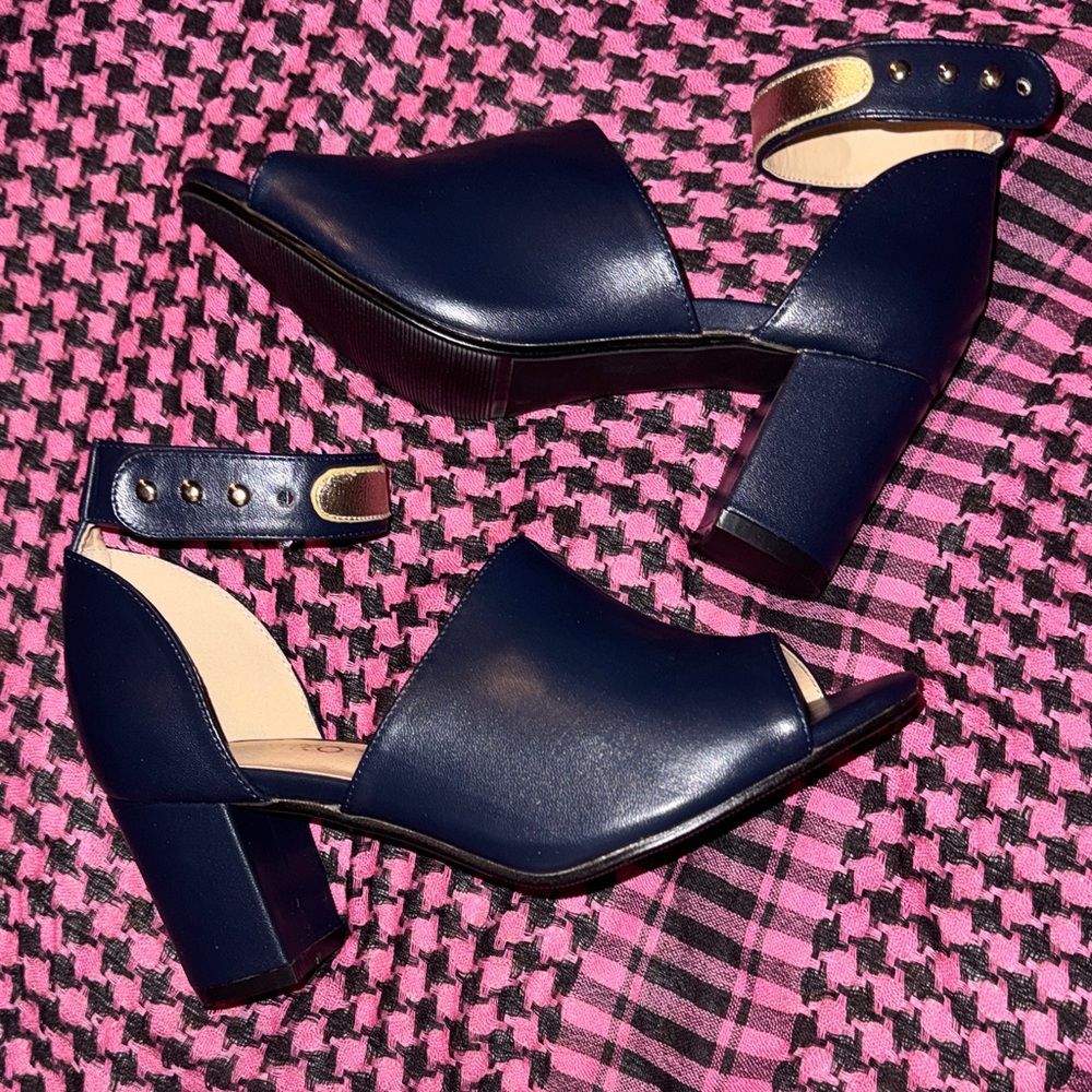 ASHRO Navy Blue Gold Shoes Womens Size 9 Chunky Heels Church Fancy Granny Style - Picture 2 of 13